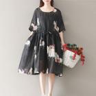 Elbow-sleeve Printed Chiffon A-line Dress