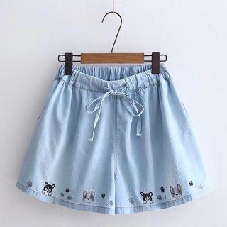 Dog Embrodery Denim Shorts