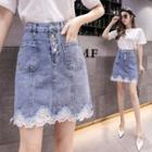 High-wast Lace Trim Denim Mini Skirt