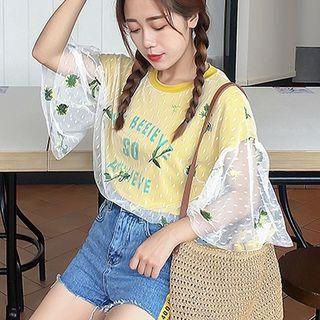 Mock Two Piece Lettering Embroidered Mesh 3/4 Sleeve T-shirt