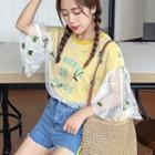 Mock Two Piece Lettering Embroidered Mesh 3/4 Sleeve T-shirt