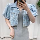 Puff-sleeve Single-breasted Cropped Denim Jacket Blue - One Size