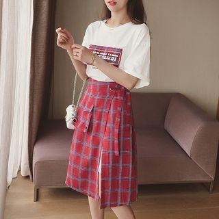 Set: Lettering Short-sleeve T-shirt + Windowpane Midi Skirt