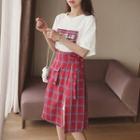Set: Lettering Short-sleeve T-shirt + Windowpane Midi Skirt