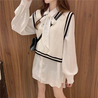 Plain Ling Shirt With Tie / Contrasted Knit Vest