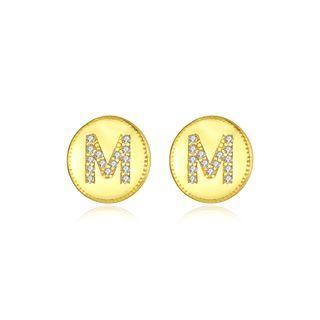Sterling Silver Plated Gold Fashion Simple English Alphabet M Geometric Round Stud Earrings With Cubic Zirconia Golden - One Size