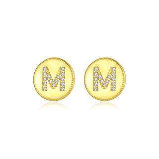 Sterling Silver Plated Gold Fashion Simple English Alphabet M Geometric Round Stud Earrings With Cubic Zirconia Golden - One Size