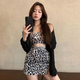 Light Jacket / Leopard Print Top / Skirt / Set