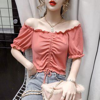 Ruffle Trim Off-shoulder Drawstring Cropped Blouse