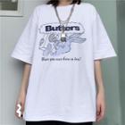 Rabbit Print Elbow-sleeve T-shirt White - One Size