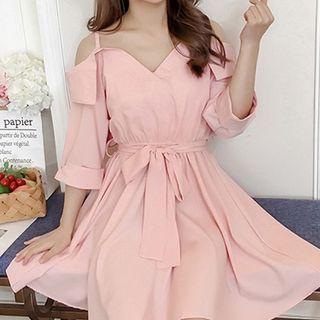 Plain Off-shoulder Lace-up 3/4-sleeve Dress