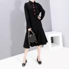 Long-sleeve Ruffle Hem Collared Dress Black - One Size