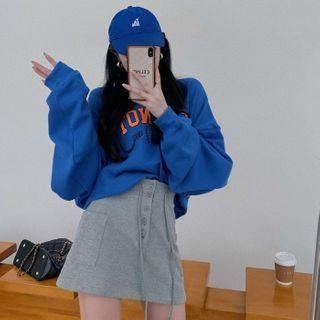 Letter Printed Sweatshirt / High-waist Drawstring Plain Skirt