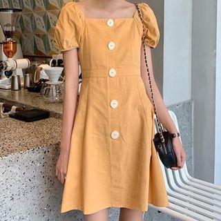 Square Neck Short-sleeve Dress Yellow - One Size