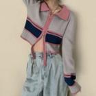 Color Block Collared Zip Cardigan As Shown In Figure - One Size