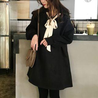 Long-sleeve Tie-neck A-line Dress Black - One Size