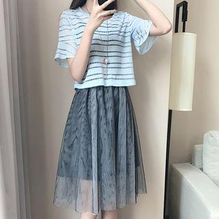Set: Striped Short-sleeve Top + Strappy Mesh Dress