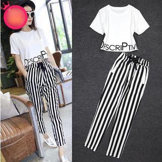 Set: Letter Short-sleeve T-shirt + Pinstripe Harem Pants