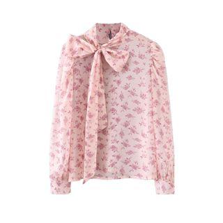 Long-sleeve Tie-neck Floral Print Chiffon Blouse