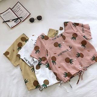 Picture Print Square-neck Lace-up Short-sleeve Blouse