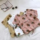 Picture Print Square-neck Lace-up Short-sleeve Blouse