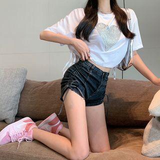 Rhinestone Heart T-shirt / Drawstring Denim Hot Pants