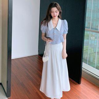 Puff Sleeve Contrast Collar Peplum Cropped Blouse / Plain Pleated Midi Skirt