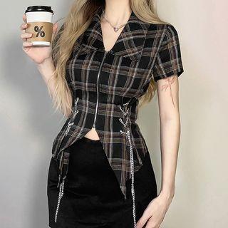 Short-sleeve Chained Zip Plaid Shirt
