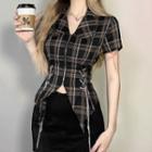 Short-sleeve Chained Zip Plaid Shirt
