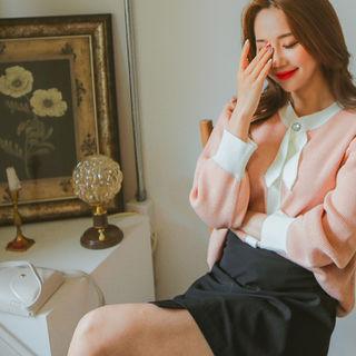 Bow Contrast-trim Knit Cardigan