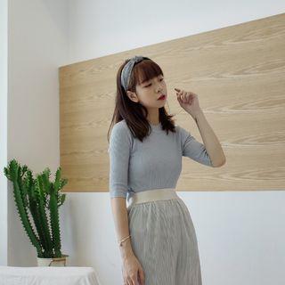 Elbow-sleeve Rib Knit Top