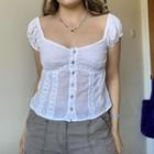 Short Sleeve Square-neck Pointelle Button-up Crop Top