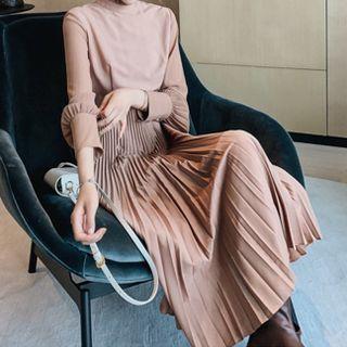 Set: Long-sleeve Pleated Midi A-line Dress + Tie-waist Vest