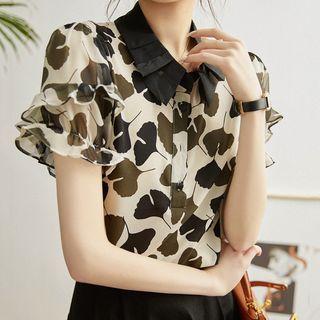 Short-sleeve Ruffled Gingko Print Blouse
