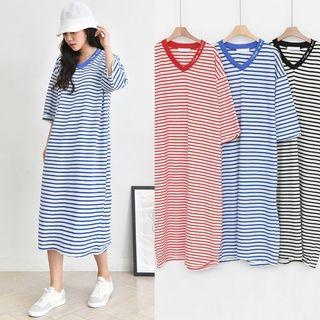 V-neck Stripe Long T-shirt Dress