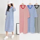 V-neck Stripe Long T-shirt Dress