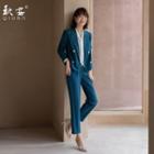 Double Breasted Blazer / Straight Leg Dress Pants / Tie-neck Blouse / Set