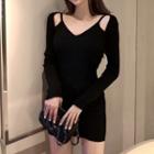 Cold Shoulder Long-sleeve Sheath Knit Mini Dress