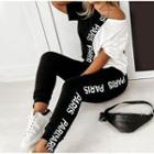 Set: Elbow-sleeve Two-tone Lettering T-shirt + Skinny Pants
