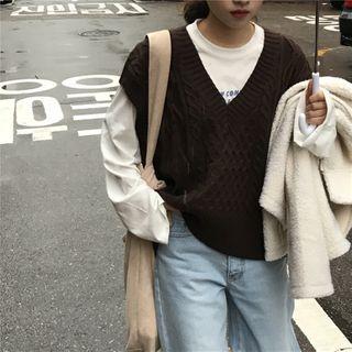 V-neck Plain Loose-fit Sleeveless Sweater
