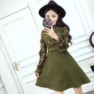 Long-sleeve Plaid Mock Two Piece A-line Dress