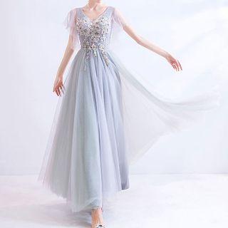 Cape-sleeve Floral Embroidered A-line Mesh Evening Gown