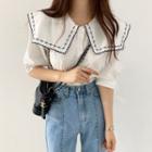 Embroidered Collared Puff-sleeve Blouse White - One Size