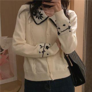 Peter Pan Collar Flower Embroidered Knit Cardigan