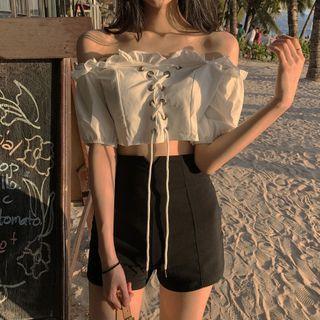 Lace Up Off-shoulder Blouse / High-waist Shorts