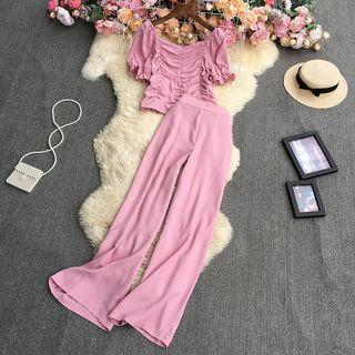 Set: Puff-sleeve Ruched Blouse + Wide Leg Pants