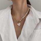 Heart Pendant Faux Pearl Necklace Necklace - Freshwater Pearl & Love Heart - Gold - One Size
