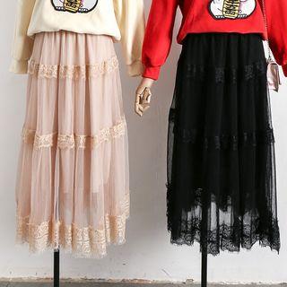 Lace-trim Mesh A-line Skirt