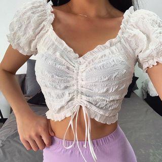 Ruffle Trim Puff-sleeve Drawstring Cropped Blouse
