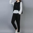 Set: Dotted Long-sleeve Top + Harem Pants + Tank Top